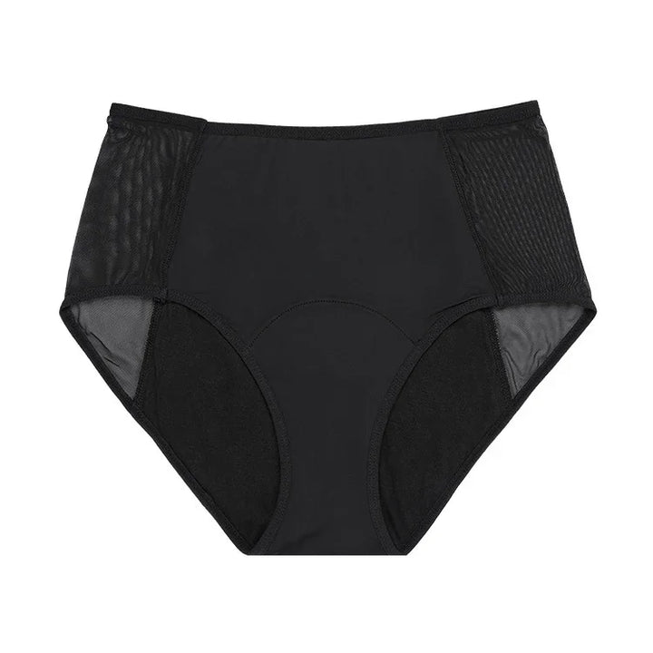 Black high-waisted women's underwear with mesh side panels on white background