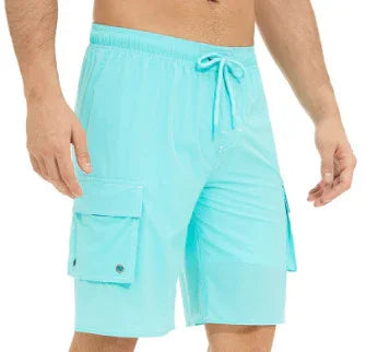 Man wearing light blue cargo swim shorts with side pockets and drawstring waist