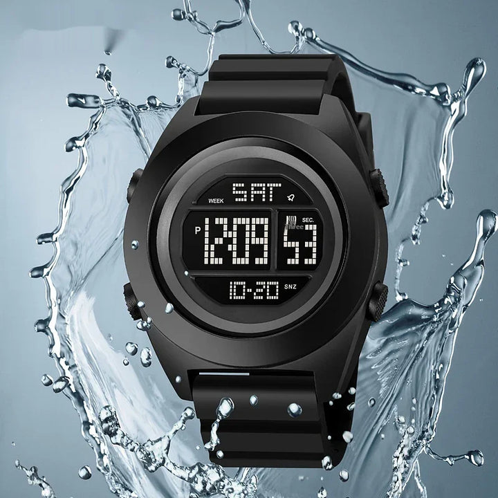 Black digital sports watch with water splash background showing time, date, and alarm features