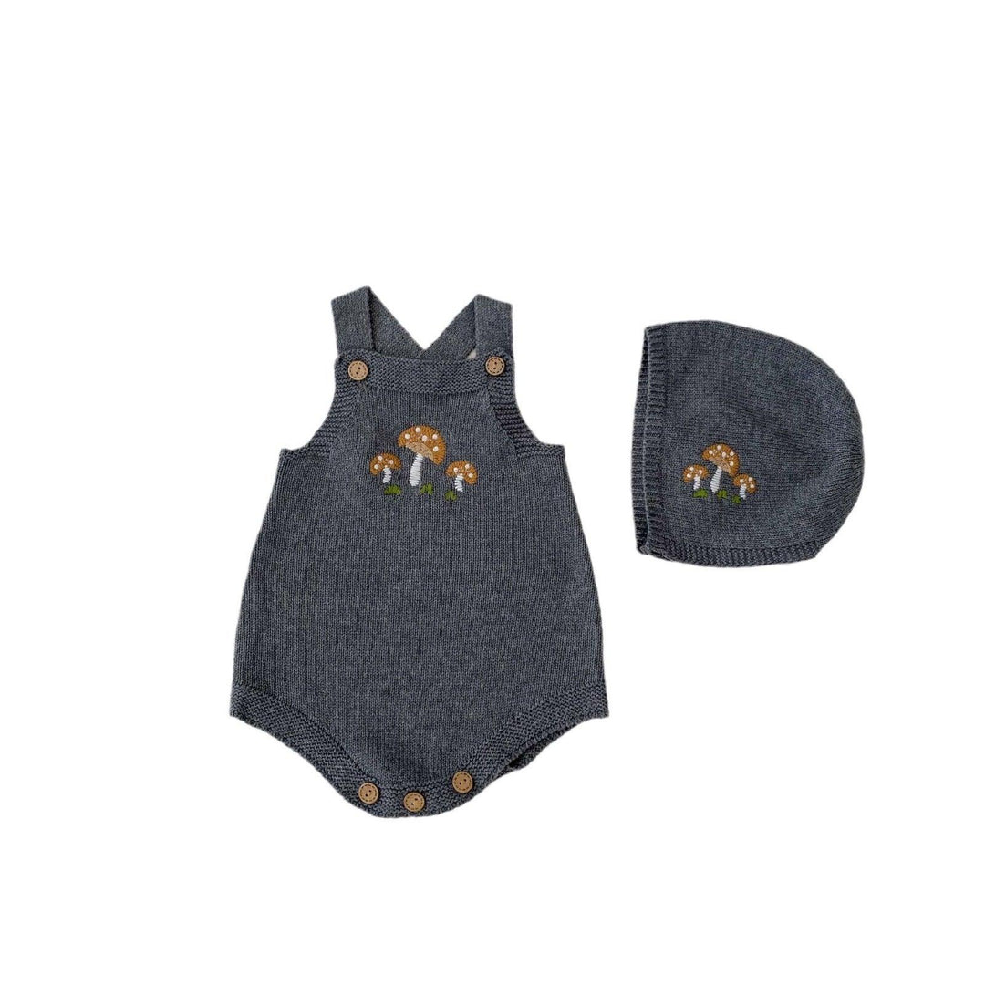 Gray knitted baby romper and hat set with mushroom embroidery and wooden buttons