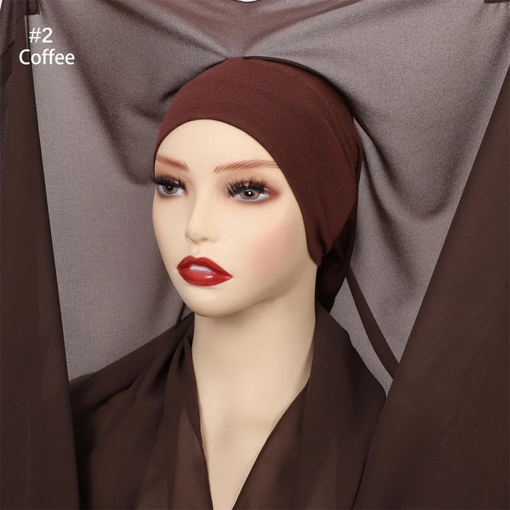 Mannequin head with coffee brown headscarf and matching fabric background