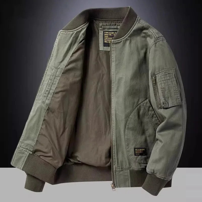 Olive green vintage-style bomber jacket with ribbed cuffs and collar, zippered sleeve pocket
