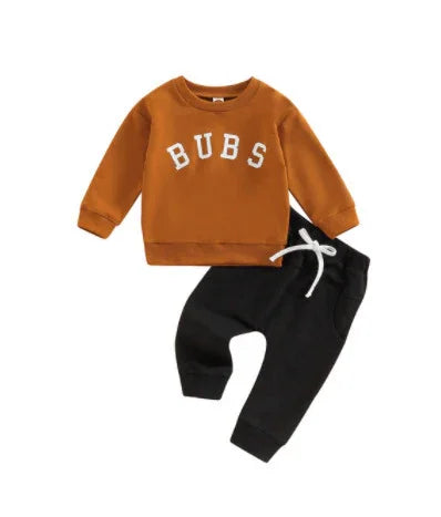 Toddler brown sweatshirt with BUBS text and black jogger pants with white drawstring
