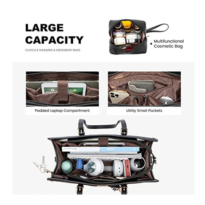 Black large capacity bag with padded laptop compartment, utility small pockets, and a multifunctional cosmetic bag