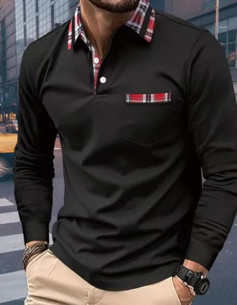 Man wearing black long-sleeve polo shirt with red plaid collar and pocket detail, beige pants