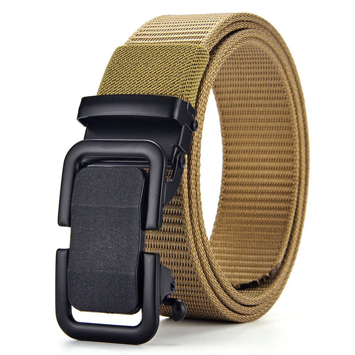 tan tactical nylon belt with black heavy-duty metal buckle, durable and adjustable