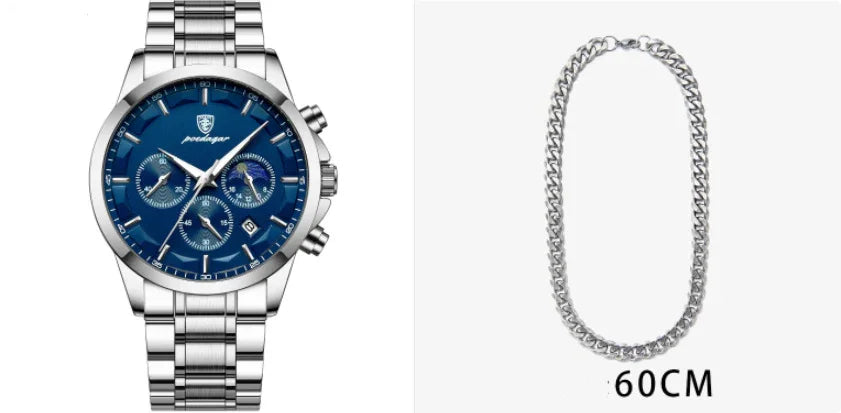 Silver stainless steel wristwatch with blue dial and silver chain necklace 60CM length