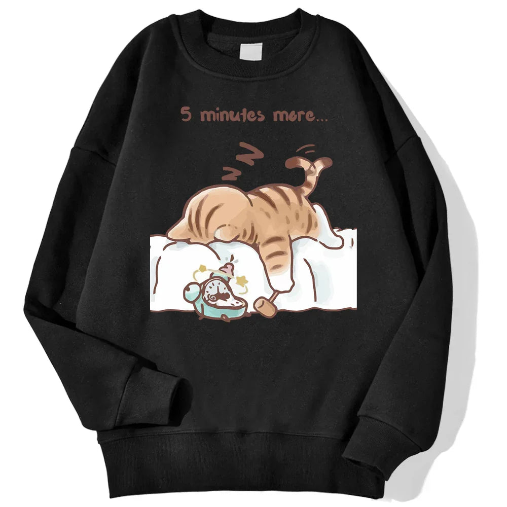 Black sweatshirt with cartoon of sleeping cat on bed and alarm clock, text '5 minutes more'