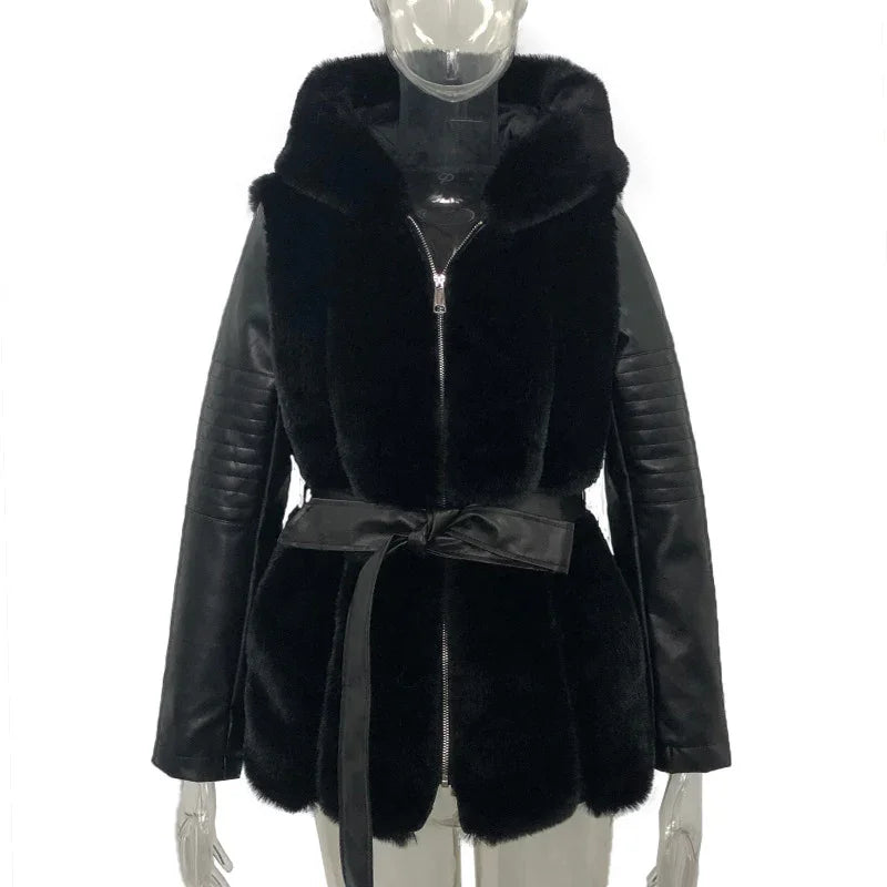 Black faux fur and leather jacket with hood and belt on mannequin
