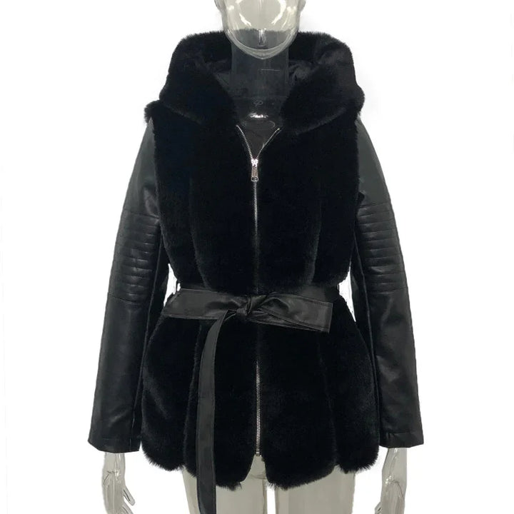 Black faux fur and leather jacket with hood and belt on mannequin