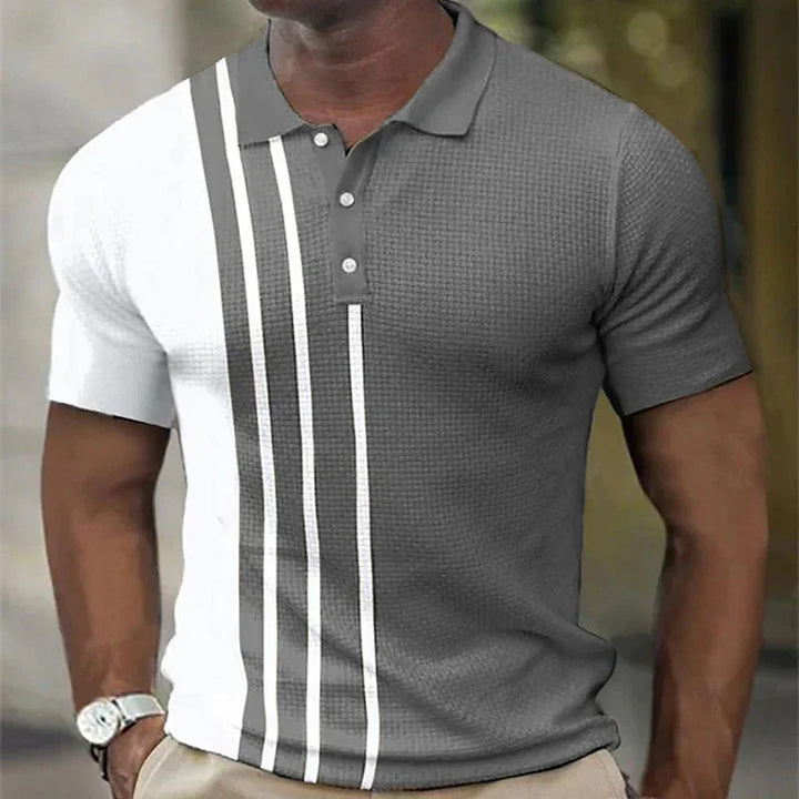 Men's short sleeve polo shirt with half white, half gray color and vertical stripes