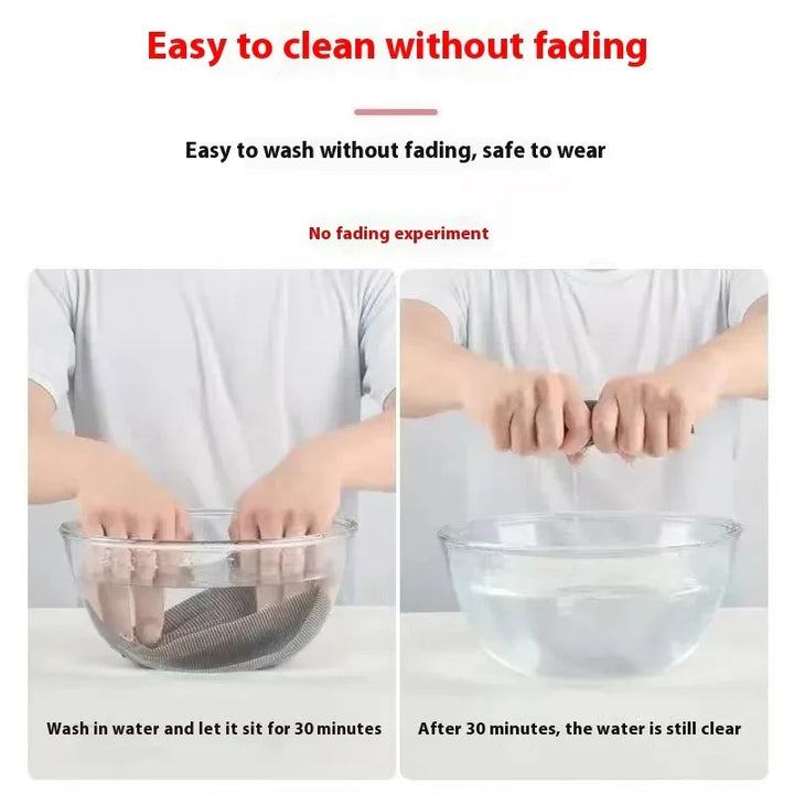 Person washing a dark fabric in clear water in a glass bowl, showing no fading after 30 minutes
