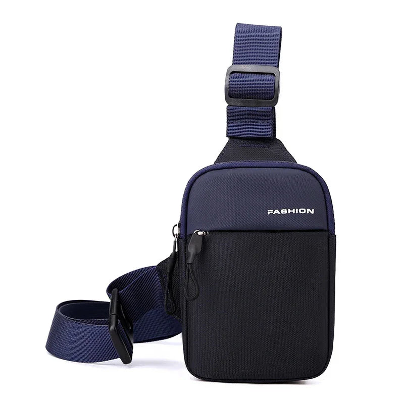 Compact navy blue and black crossbody sling bag with adjustable strap and zipper pocket, labeled Fashion