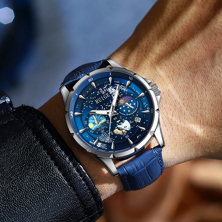 RUIGE blue dial wristwatch with starry sky design and blue leather strap on wrist