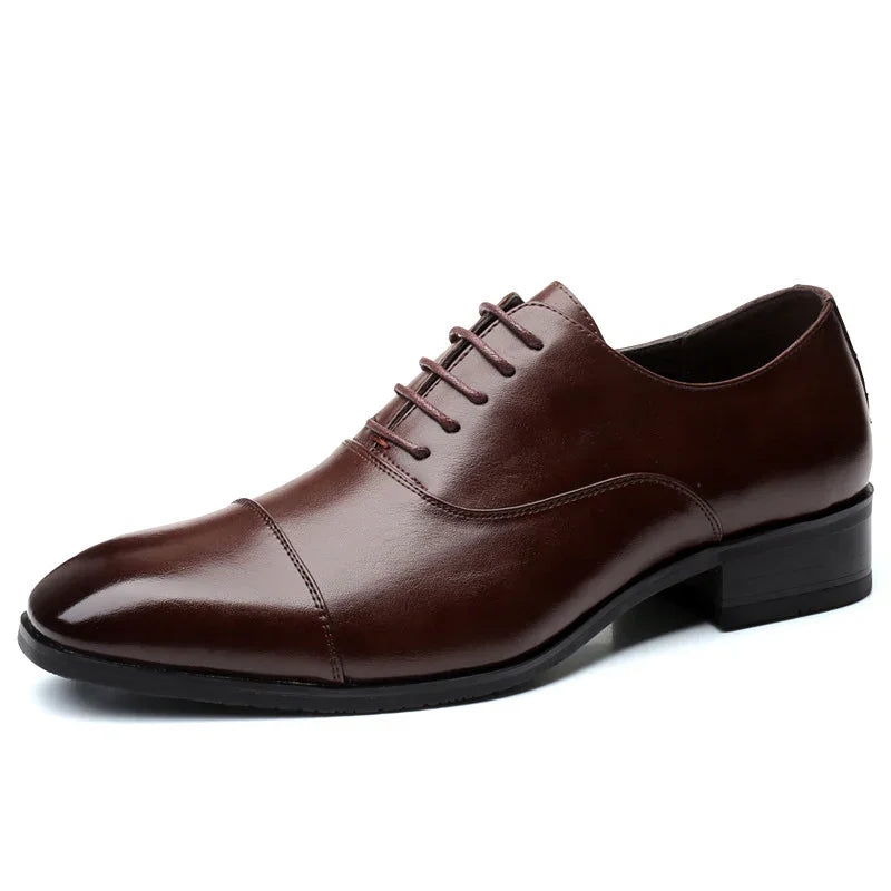 Brown leather men's formal dress shoe with cap toe and black sole