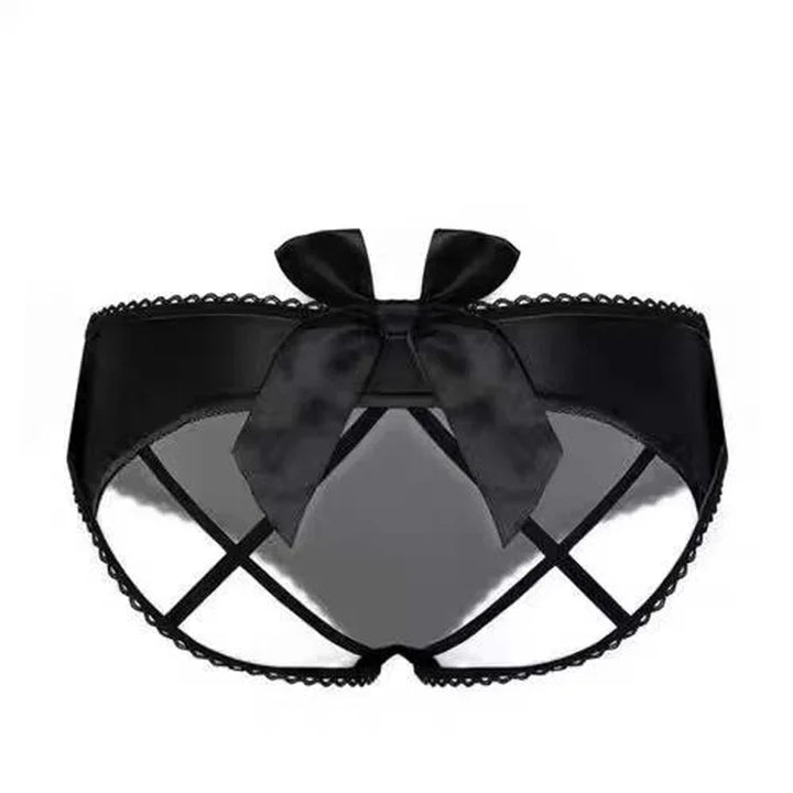 Black satin and mesh women's lingerie panties with large bow and crisscross straps
