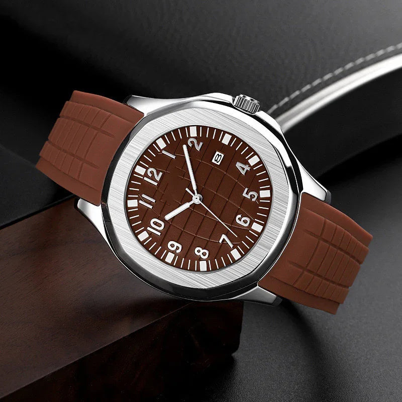 Stylish wristwatch with brown textured dial, date display, and brown rubber strap on black surface