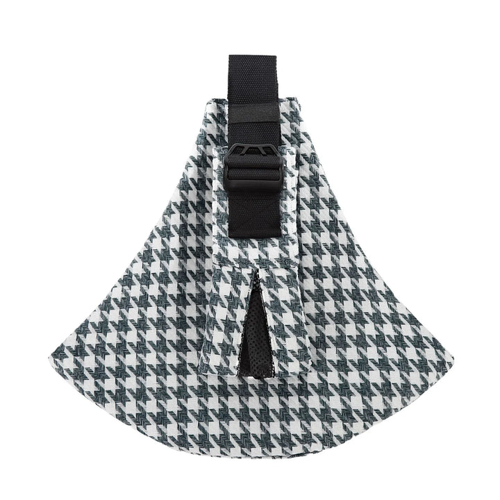 Black and white houndstooth pattern fabric bag with black adjustable strap and buckle