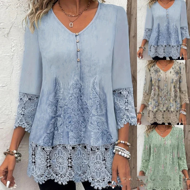 Three women wearing lace-trimmed tunics with floral and embroidered designs in blue, beige, and green colors