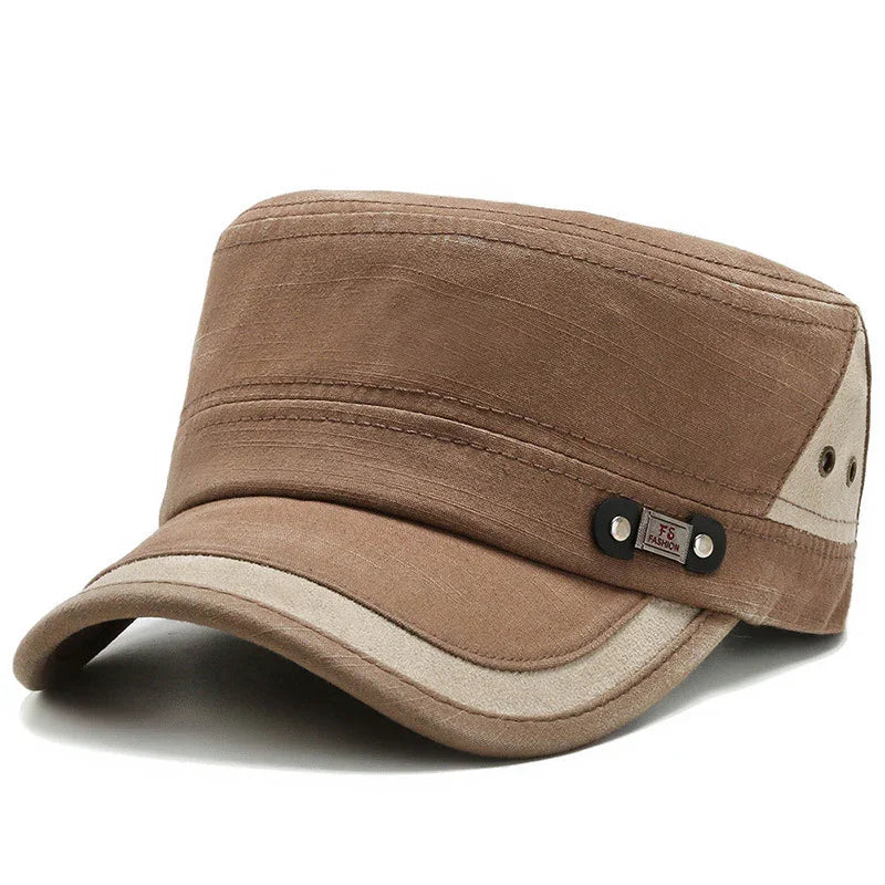 Brown military-style cap with beige trim and metal fashion badge on side