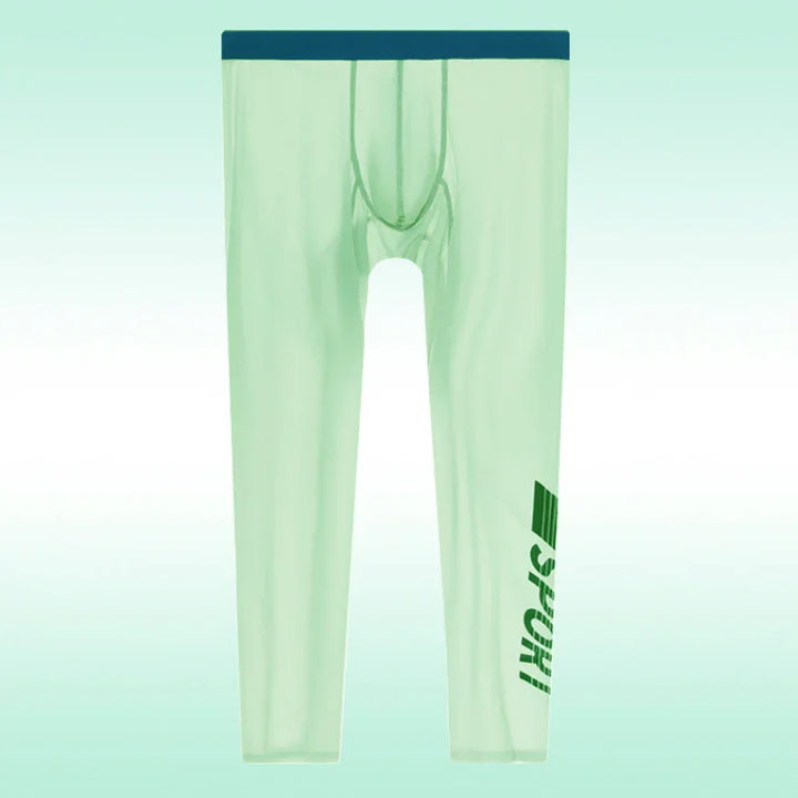 Light green men's compression leggings with dark waistband and 'SPORT' text on leg