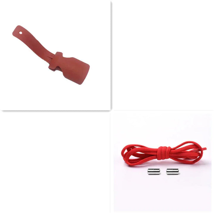Red silicone shoe protector cover, red shoelace, and metal aglets on white background