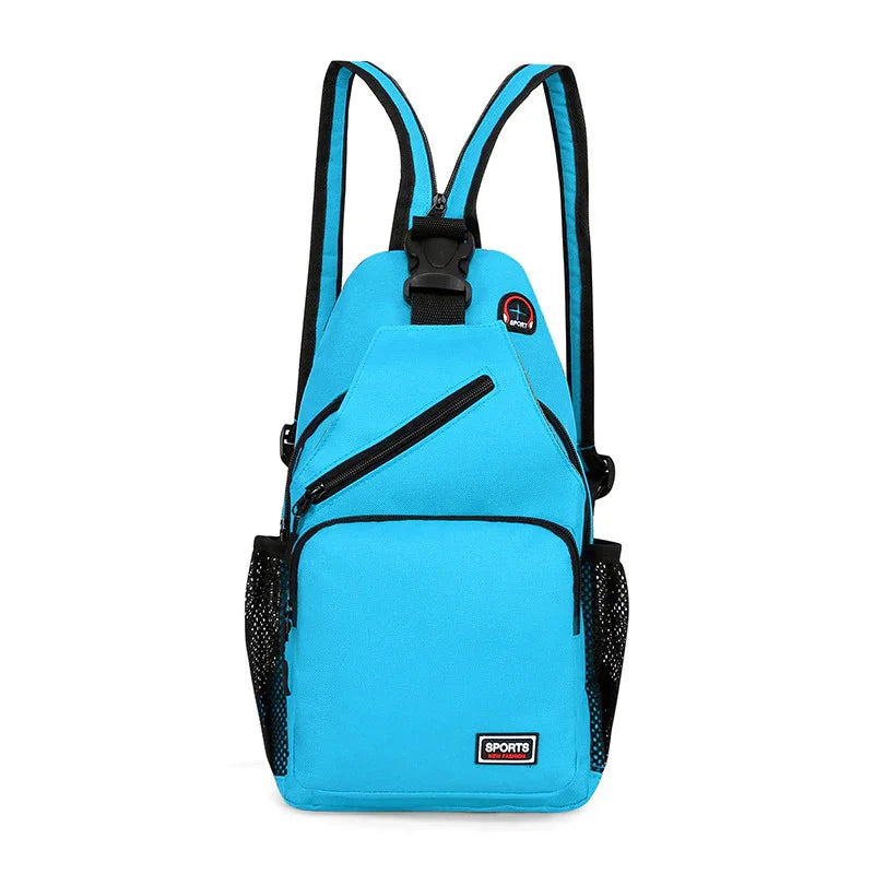 Bright blue sports backpack with black zippers, adjustable straps, and side mesh pockets