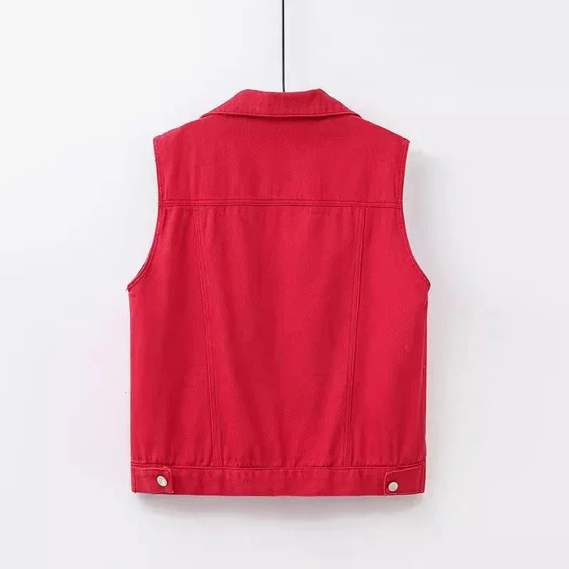 Back view of sleeveless red denim vest with collar and button details on white background