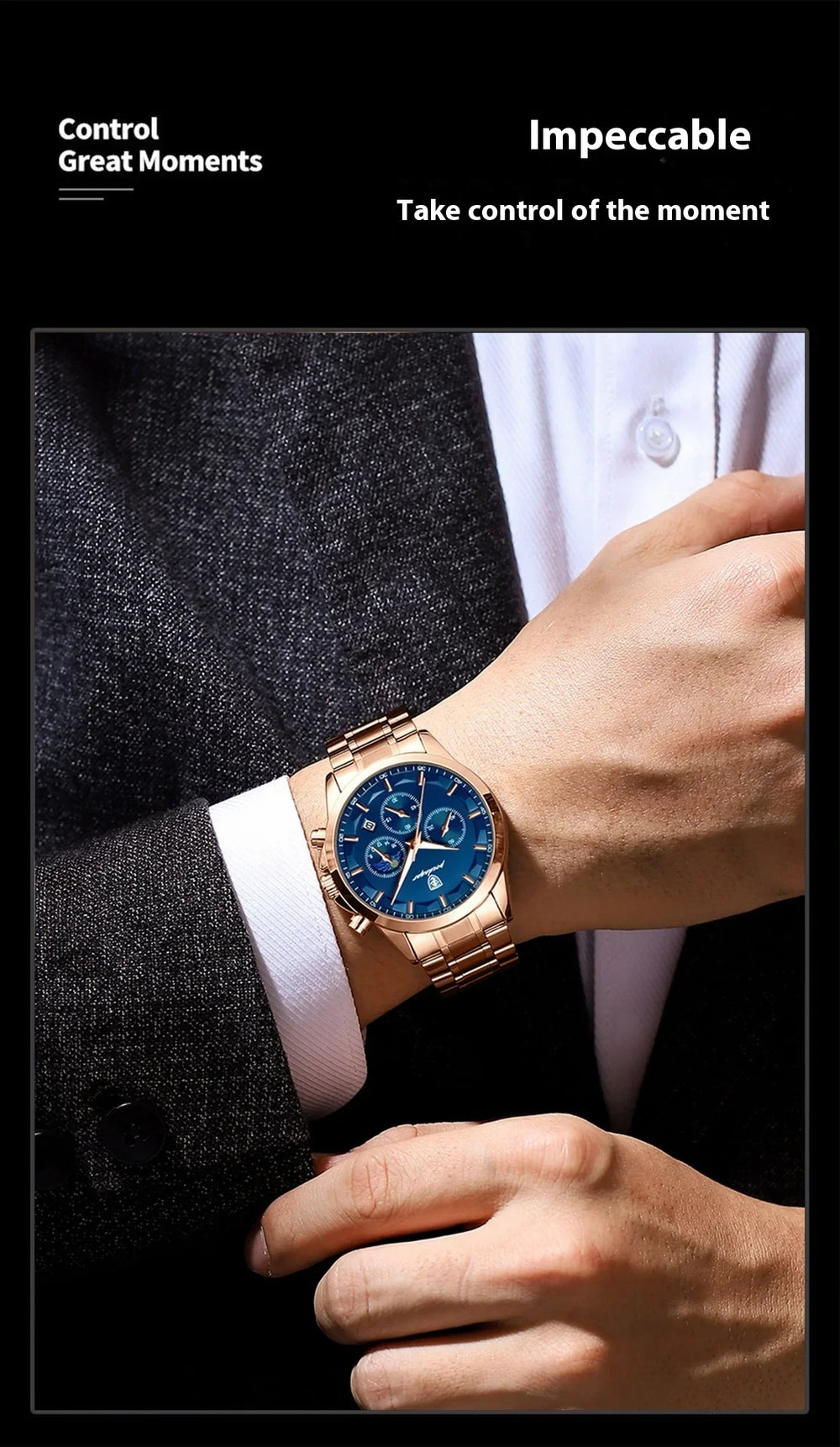 Close-up of man's wrist wearing a rose gold watch with blue dial, dressed in a dark suit and white shirt