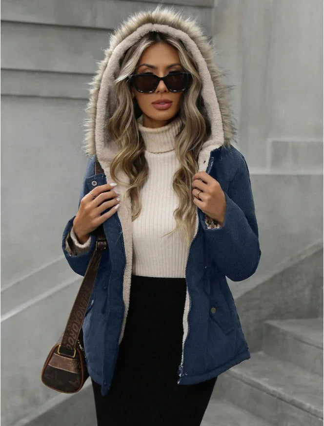Woman wearing blue winter jacket with fur hood, cream turtleneck sweater, black skirt, and sunglasses