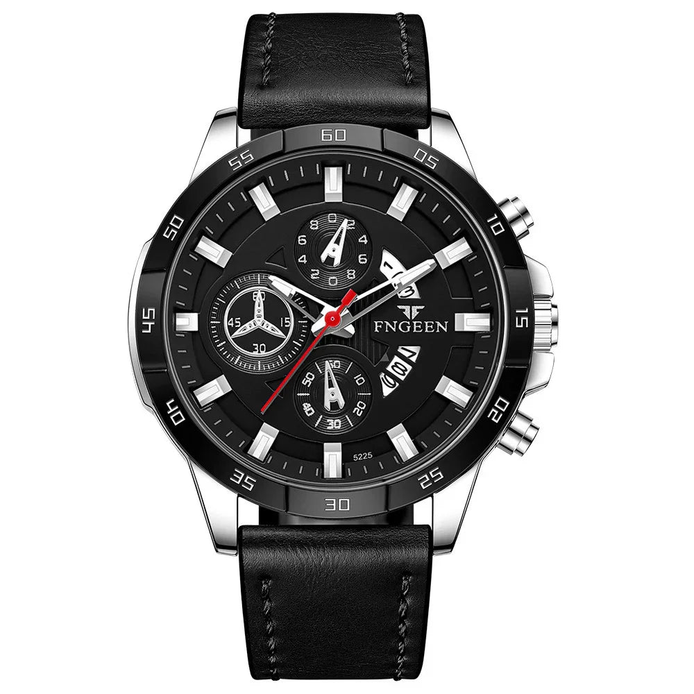 FNGEEN men's black leather strap chronograph wristwatch with black dial and silver details