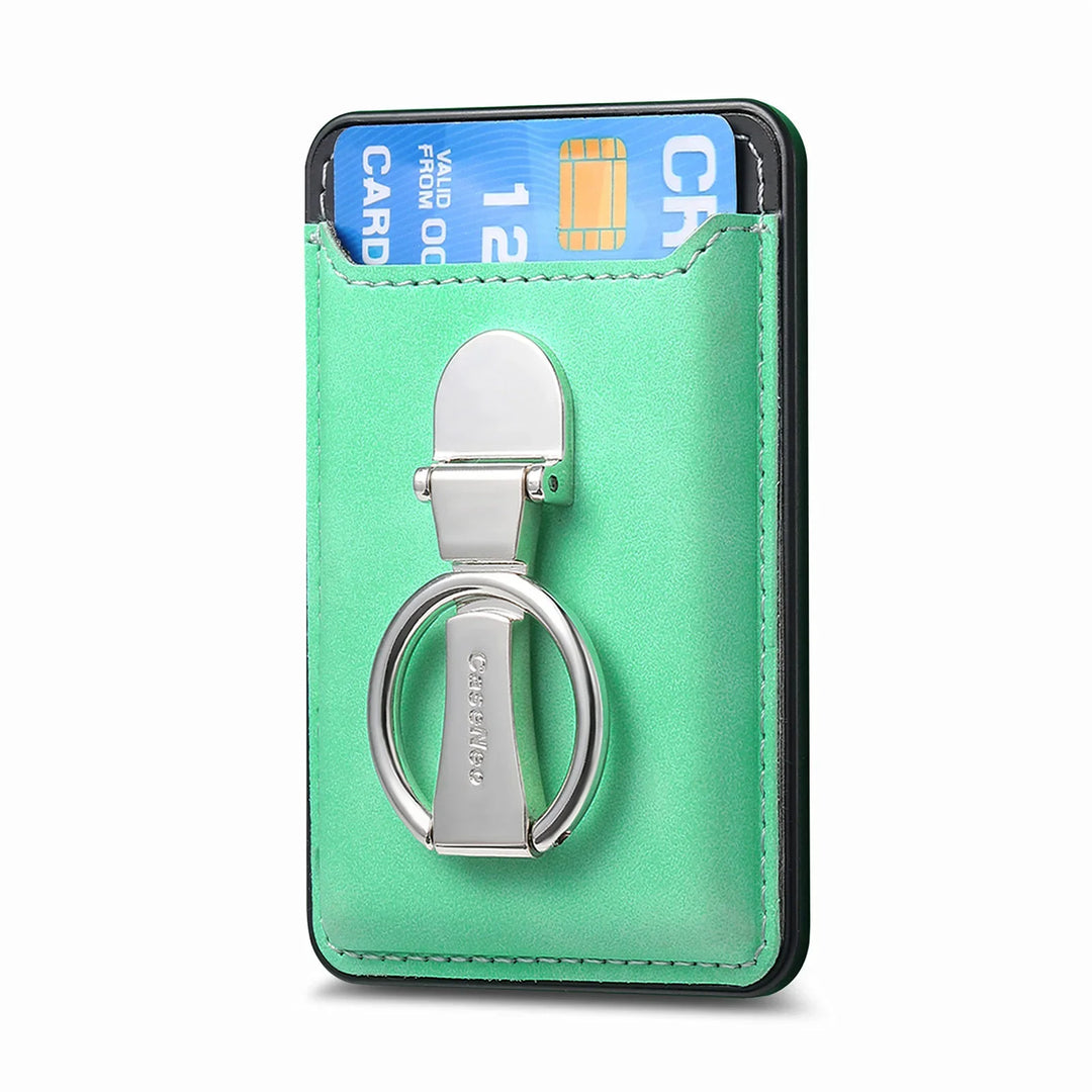 Mint green leather cardholder with silver metal ring and a blue credit card