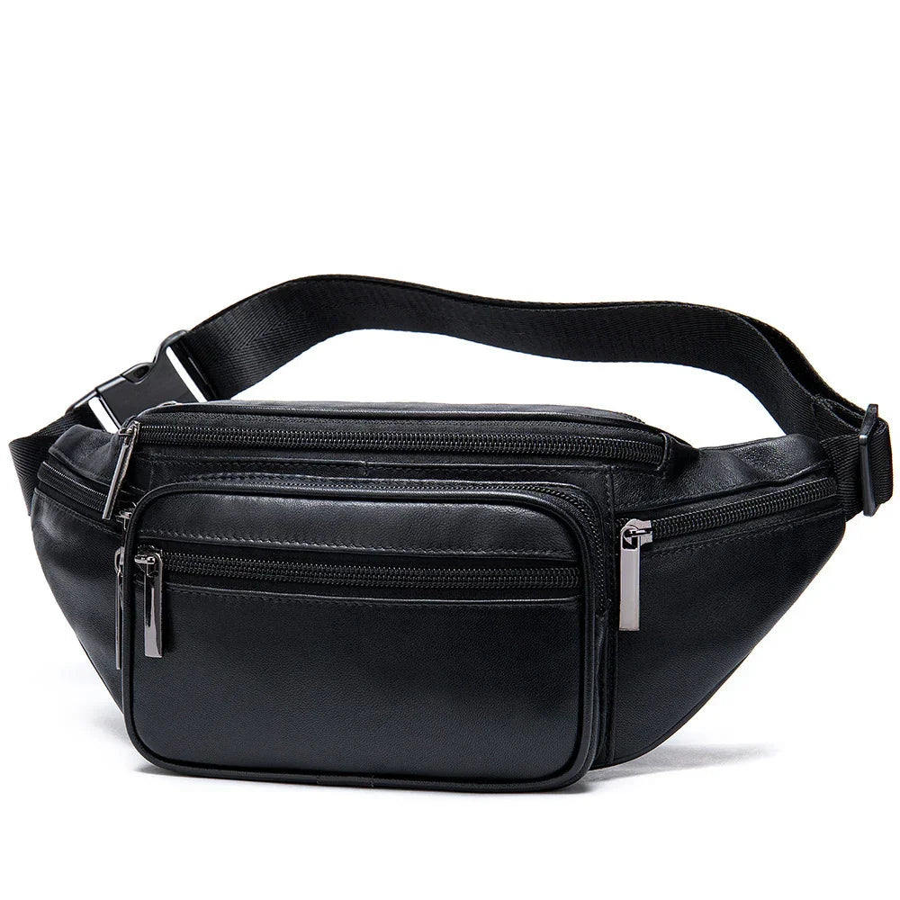 black leather waist bag with multiple zippered compartments and adjustable strap