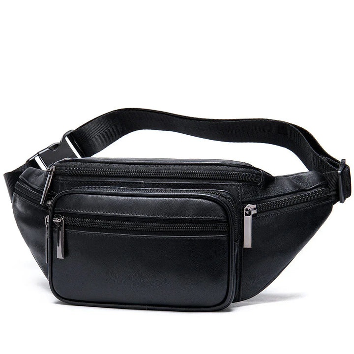 black leather waist bag with multiple zippered compartments and adjustable strap