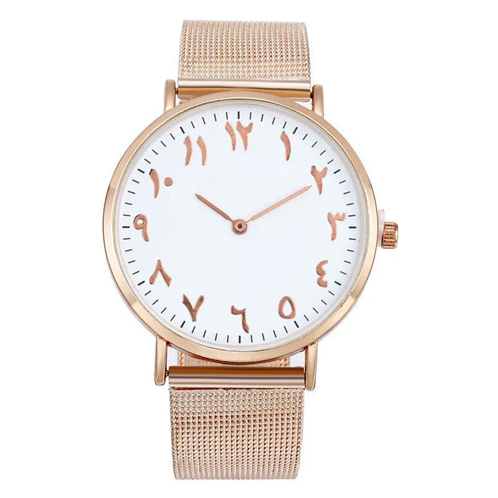 Rose gold wristwatch with white dial featuring Arabic numerals and mesh strap