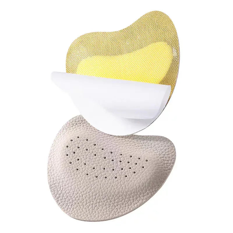 Triple-layer shoe insole with textured beige bottom, yellow foam middle, and white adhesive backing