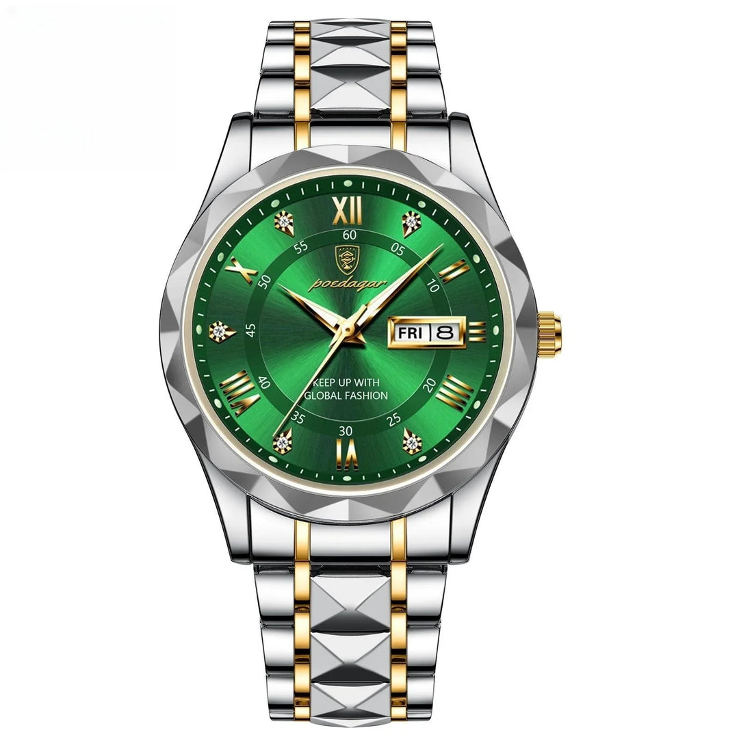 Two-tone silver and gold wristwatch with green dial, Roman numerals, diamond markers, and date display