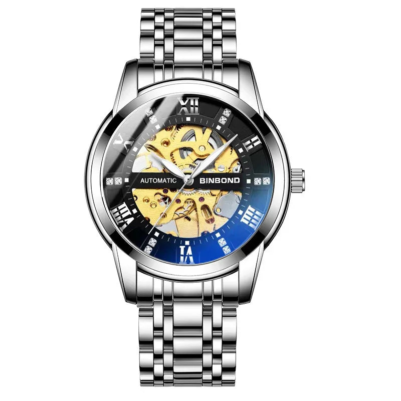 Binbond automatic men's stainless steel wristwatch with skeleton dial and Roman numerals