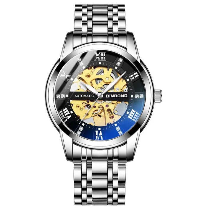 Binbond automatic men's stainless steel wristwatch with skeleton dial and Roman numerals