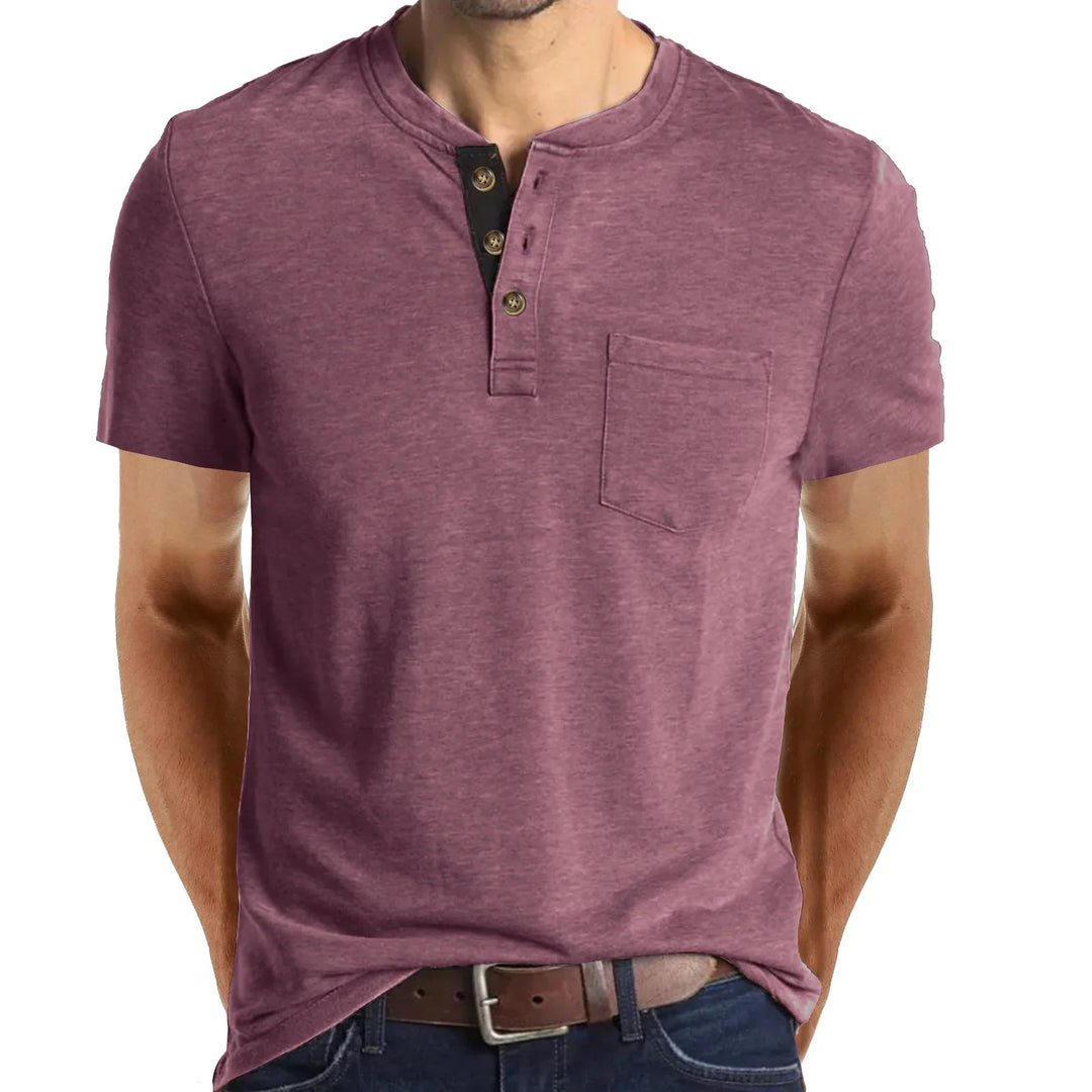 Men's short sleeve henley shirt in maroon with button placket and chest pocket