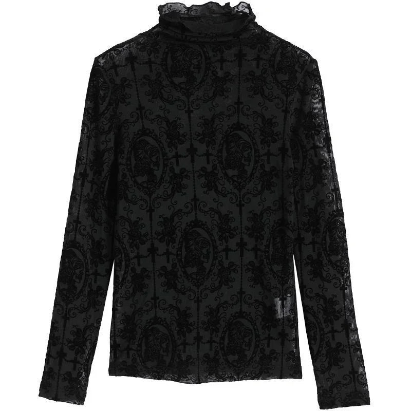 Black long-sleeve velvet burnout mesh top with high ruffle collar and intricate floral cameo pattern