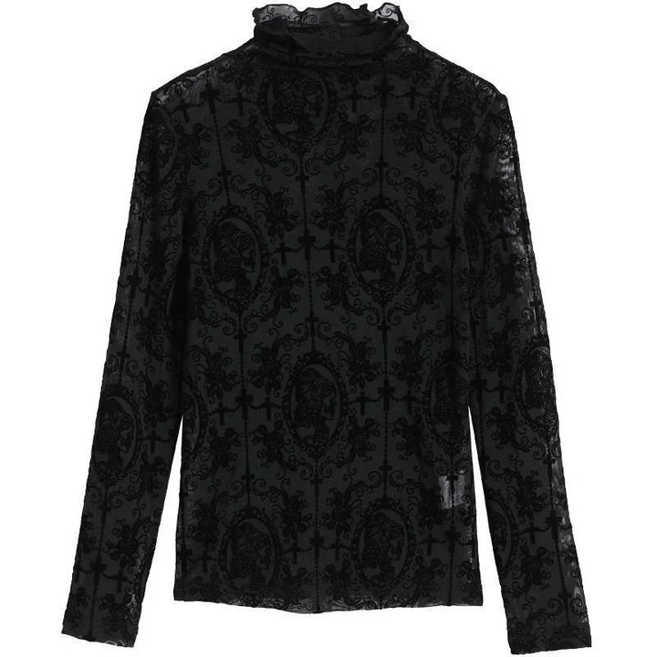 Black long-sleeve velvet burnout mesh top with high ruffle collar and intricate floral cameo pattern