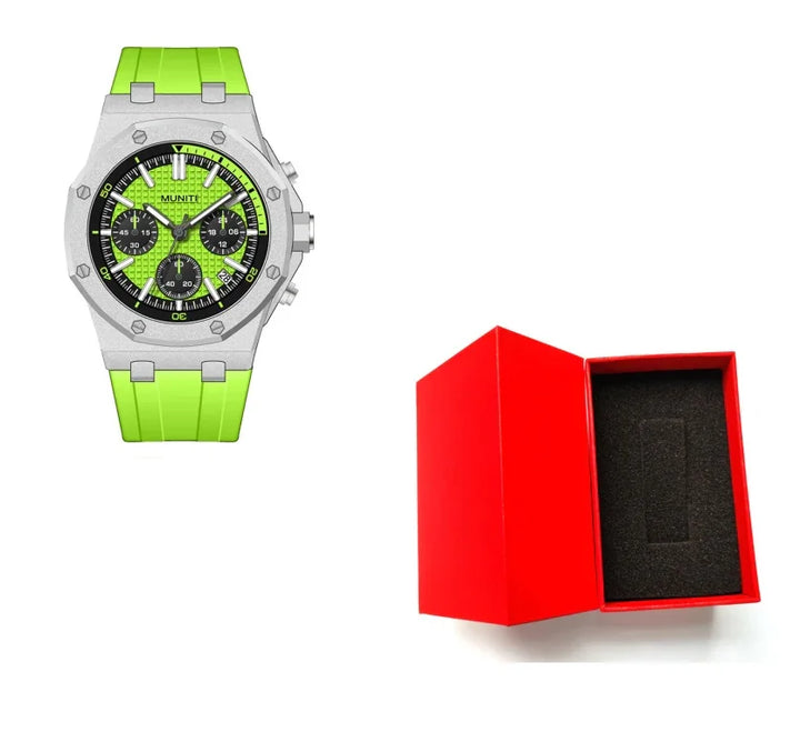 Green sports chronograph wristwatch with silver case and lime green silicone strap next to open red watch box
