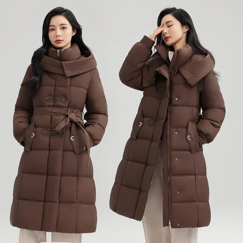 Women wearing long brown quilted puffer coats with high collars and belted waists