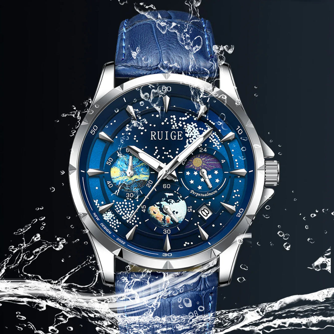 Ruige blue wristwatch with day, date, and moon phase subdials under water splash