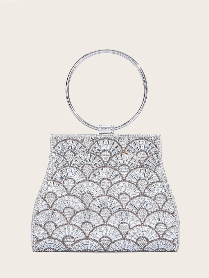 Silver evening clutch bag with fan-shaped rhinestone embellishments and round metal handle