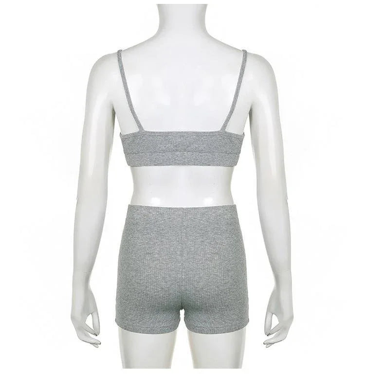 Back view of mannequin wearing gray knit tank top and matching high-waisted shorts set