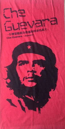 Red fabric featuring black stencil portrait of revolutionary Che Guevara with English and Chinese text