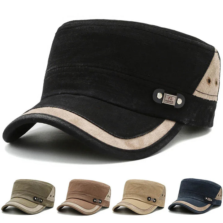 Military-style cotton caps in black, olive, brown, beige, and navy with curved visor and TS Fashion label