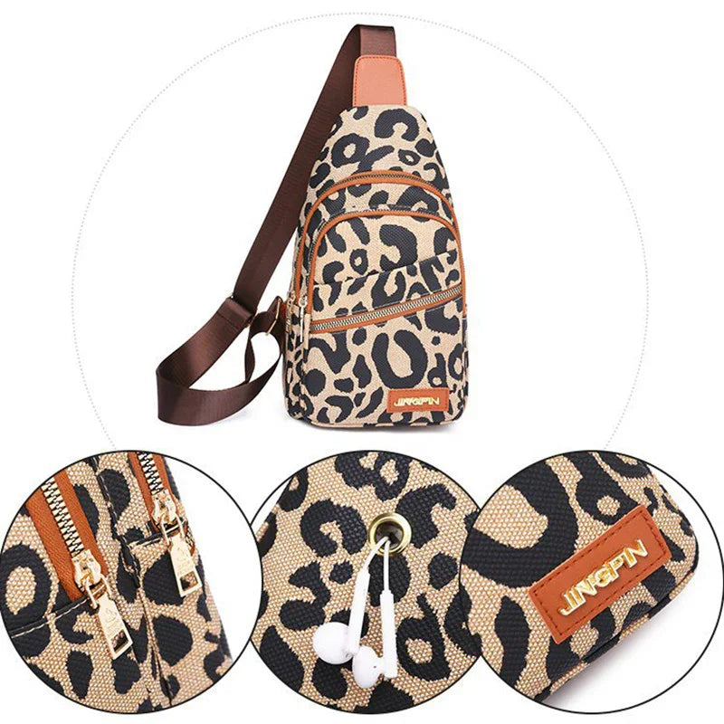 Leopard print canvas sling bag with brown strap, gold zippers, earphone port, and JINGPIN logo